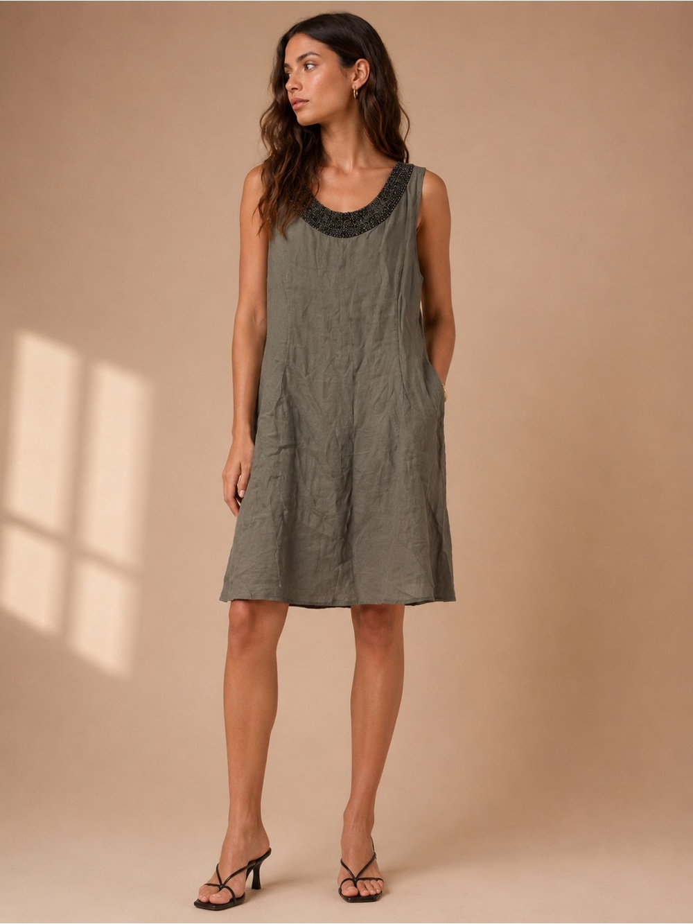 Lina Tomei Sleeveless Olive Linen Dress with Beaded Scoop Neck Size Medium